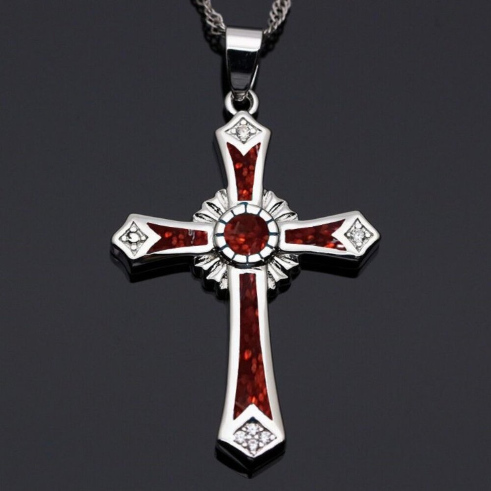 Red Opal Cross Pendant Necklace Christian Jewelry for Men‎ Women Gift Chain